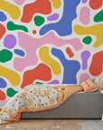 Multicolor fluid geometric shapes removable wallpaper featuring soft curved edges - Candy Drift
