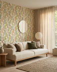 Canopy Fall earthy green leaf vine wallpaper in a warm and inviting living room
