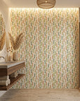Canopy Fall earthy green leaf vine wallpaper creating ambiance in a serene bathroom