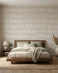 Canvas Dash minimalist line grid wallpaper adding character to a cozy bedroom