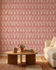 Canyon Ikat terracotta geometric peel and stick wallpaper in a warm and inviting living room