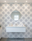 Captain's Wheel navy nautical ship wheel wallpaper creating ambiance in a serene bathroom