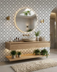 Carbon Bloom grey floral peel and stick wallpaper creating ambiance in a serene bathroom