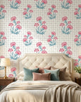 Smooth pink and blue carnation floral peel and stick wallpaper - Carnation Lattice