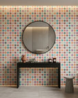 Carnival Cloth vibrant multicolor polka dot wallpaper creating ambiance in a serene bathroom