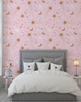 Soft blush wallpaper featuring shimmering gold crescent moons and twinkling stars in a celestial pattern - Celestial Blush