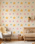 Celestial Dream pastel star wallpaper in a warm and inviting living room