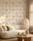 Celestial Dream pastel star wallpaper as a feature wall in a bright home office
