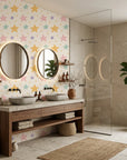 Celestial Dream pastel star wallpaper creating ambiance in a serene bathroom