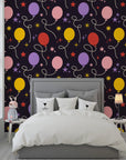 Deep midnight blue self-adhesive wallpaper featuring celestial stars and whimsical party balloons - Celestial Bloom