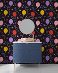 Playful dark navy peel and stick mural with a pattern of celebratory balloons and scattered starlight - Celestial Bloom