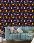 Whimsical celestial-themed adhesive wallpaper showing festive balloons and tiny stars over a navy backdrop - Celestial Bloom