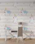 Smooth adhesive wall covering with a cream striped background and mystical unicorn and star illustrations. - Celestial Prance