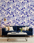 Cerulean Cascade classic blue and white chinoiserie floral wallpaper in a warm and inviting living room