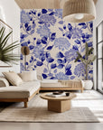 Self-adhesive, gracefully styled wallpaper featuring a blue floral design atop a creamy base