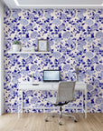 Cerulean Cascade classic blue and white chinoiserie floral wallpaper as a feature wall in a bright home office