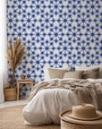 Self-adhesive wallpaper featuring a blue and white Moroccan geometric star tile design – Cerulean Echoes