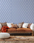 Self-adhesive wallpaper featuring a blue and white Moroccan geometric star tile design – Cerulean Echoes
