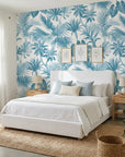 Cerulean Eden lush blue jungle wallpaper adding character to a cozy bedroom