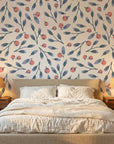 Cerulean Petal blue and coral botanical wallpaper adding character to a cozy bedroom