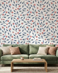 Cerulean Petal blue and coral botanical wallpaper as a feature wall in a bright home office