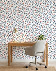 Cerulean Petal blue and coral botanical wallpaper creating ambiance in a serene bathroom