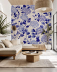 Self-adhesive, gracefully styled wallpaper featuring a blue floral design atop a creamy base