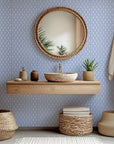 Self-adhesive wallpaper featuring a blue and white Moroccan star tile geometric pattern, named Cerulean Echoes