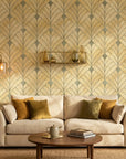 Champagne Crest elegant gold art deco leaf wallpaper creating ambiance in a serene bathroom