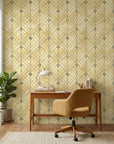 Champagne Crest elegant gold art deco leaf wallpaper adding character to a cozy bedroom
