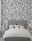 Monochrome geometric Memphis pattern self-adhesive wall covering featuring bold abstract shapes in black and white - Chaotic Curves