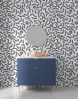Modern minimalist black and white abstract geometric wallpaper using retro Memphis design elements - Chaotic Curves