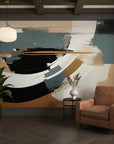 Charred Horizon bold black tan abstract as a feature wall in a bright home office