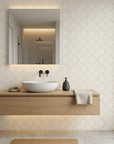 Chevron Etch hand drawn zigzag wallpaper creating ambiance in a serene bathroom