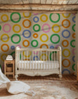 Wall covering with reverberating colors and a resonant design motif