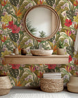 Striking jungle flora—bright flowers and lush leaves—arranged in a deeply colored, exotic pattern