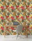 Chromatic Eden colorful paradise wallpaper as a feature wall in a bright home office