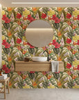 Chromatic Eden colorful paradise wallpaper creating ambiance in a serene bathroom