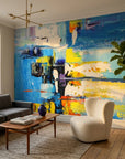 Textured bold blue and yellow abstract expressionist peel and stick wallpaper - Chromatic Surge