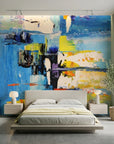 Chromatic Surge bold blue abstract expressionist wallpaper in a warm and inviting living room
