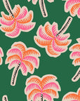 Graphic rendering of neon palm trees, created in a contemporary pop-art style, set upon a dark field