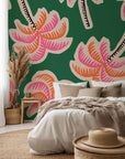 A modern pop-art depiction featuring fluorescent palm trees outlined against a deep black background
