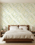 Citron & Teal abstract geometric wallpaper in a warm and inviting living room