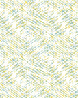 Citron & Teal abstract geometric wallpaper creating ambiance in a serene bathroom