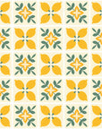 Geometric wallpaper design featuring yellow lemons and green foliage. Citrus Bloom