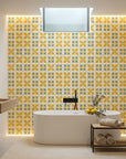 Citrus Bloom yellow lemon and green geometric tile wallpaper creating ambiance in a serene bathroom