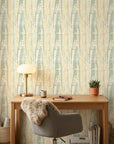 Citrus Scale green and gold abstract wallpaper as a feature wall in a bright home office