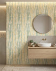 Citrus Scale green and gold abstract wallpaper creating ambiance in a serene bathroom