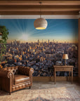 Golden hour New York skyline City Ablaze peel and stick wallpaper mural in warm-toned living room