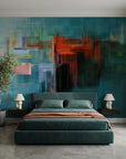City Submerged teal abstract cityscape wallpaper in a warm and inviting living room